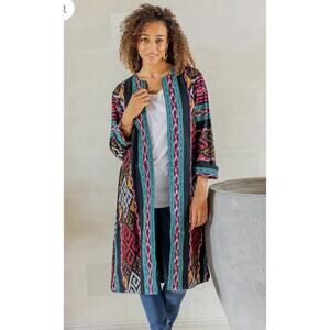 Novica Kartini Emerald Long Handwoven Red & Green Ikat Cotton Duster Jacket M